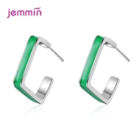 geometric earrings for women girls open hollow square green stud earrings 925 silver party jewelry gift