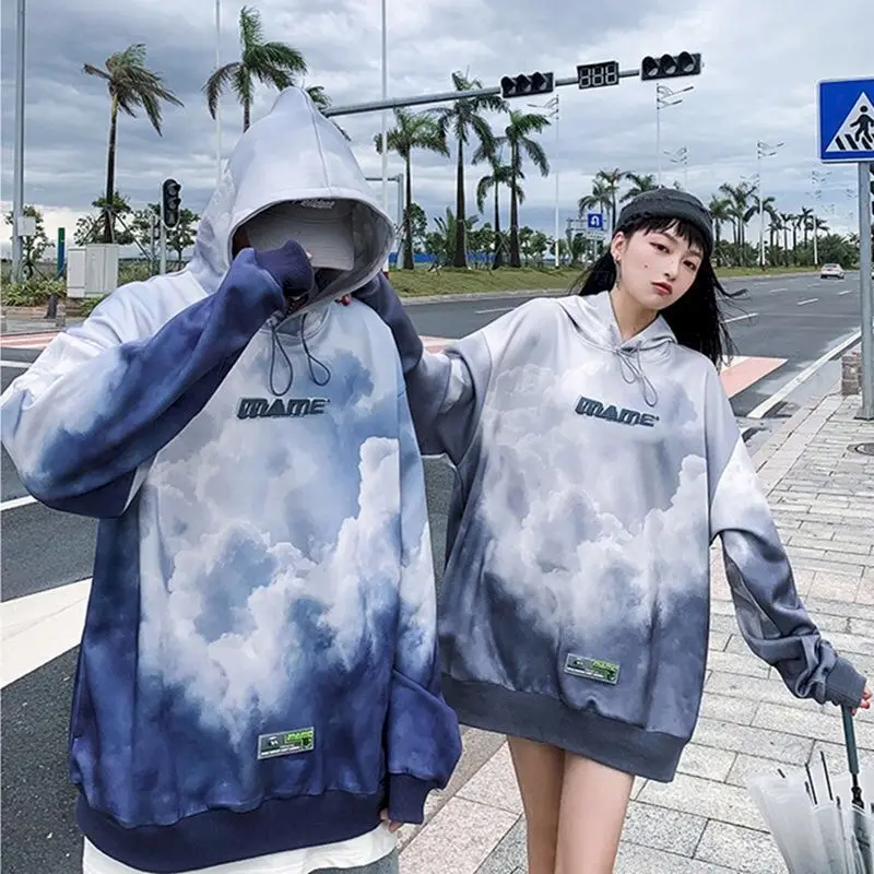 

INS Harajuku plus velvet hoodies tie dye hoodie blue long sleeve men clothing autumn and winter sweatshirt streetwear tops