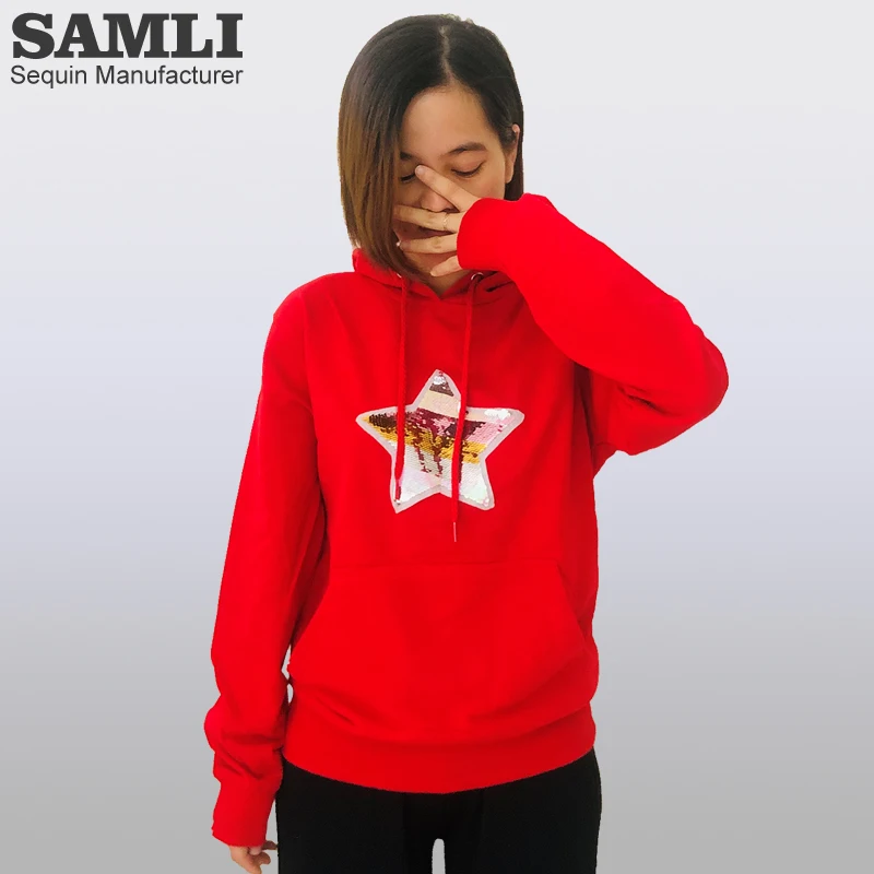 

Rainbow Stars Sequins Hoodies Women Spring Autumn Cotton Fashion Hoodies Pattern Reversible Sequined Pullover Sweatshirts Women