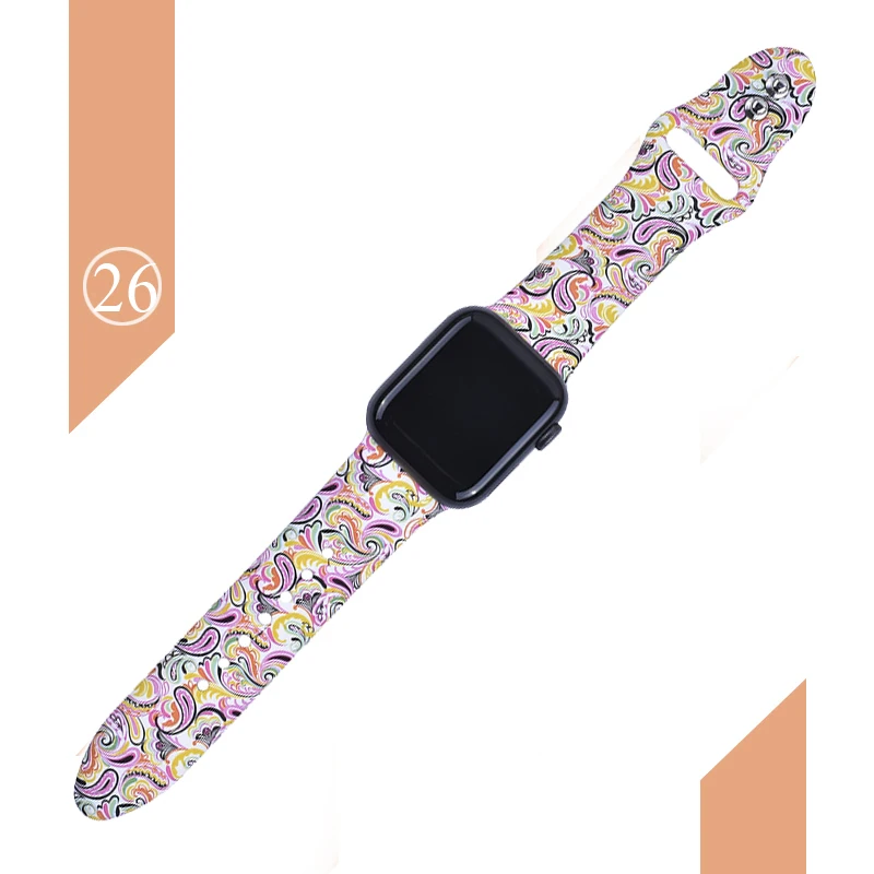 С цветочным узором ремешок для наручных часов Apple Watch 5 4 3 2 1 38/40 мм/42 44 мм мягкий печатным рисунком разноцветных силиконовых спортивный ремешок для наручных часов Iwatch, 4 Для женщин детей - Цвет ремешка: Color 26