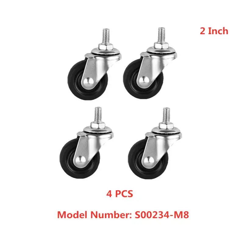 

4 Pcs/Lot Casters 2 Inch rubber M8 Screw Caster Black Solid Pulley Trolley Silent Universal Wheel