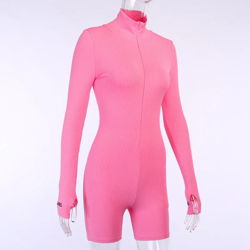 

Turtleneck Knit Rib Bodycon Fitness Playsuit Sportswear Long Sleeve Zipper Body Embroidery Lucky Rompers Womens Jumpsuit