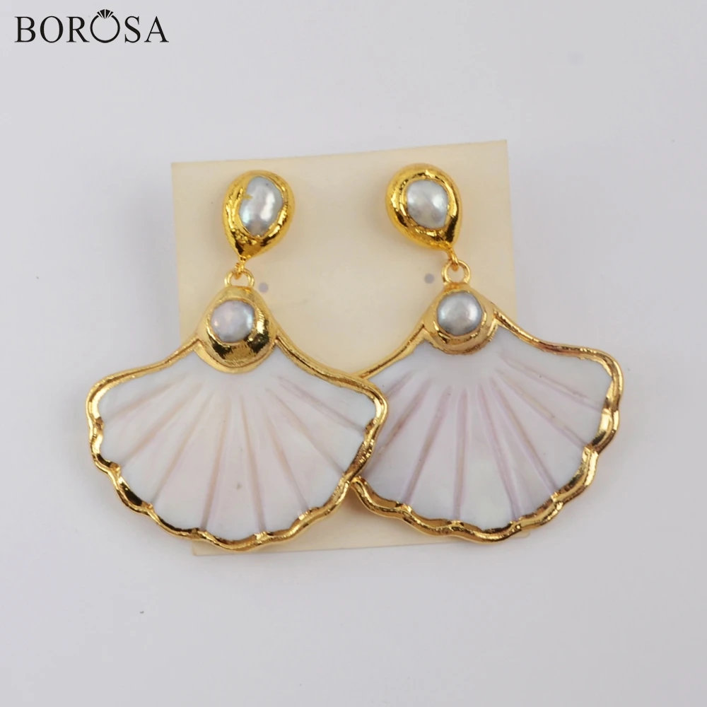 BOROSA 3/5 пар стильных; Американская Спортивная куртка; Белый сережки в виде ракушек с перламутровыми бусинами вентилятор ручной работы корпус с рисунком Длинные Висячие серьги ювелирных изделий G1897-E