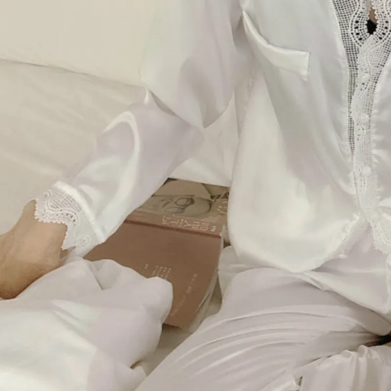 

Women Pajama Sets Solid Simple V-neck Lace Elegant Sexy Home Wear Female Loose Soft Korean Style Ins Chic Daily Tender Sleepwear