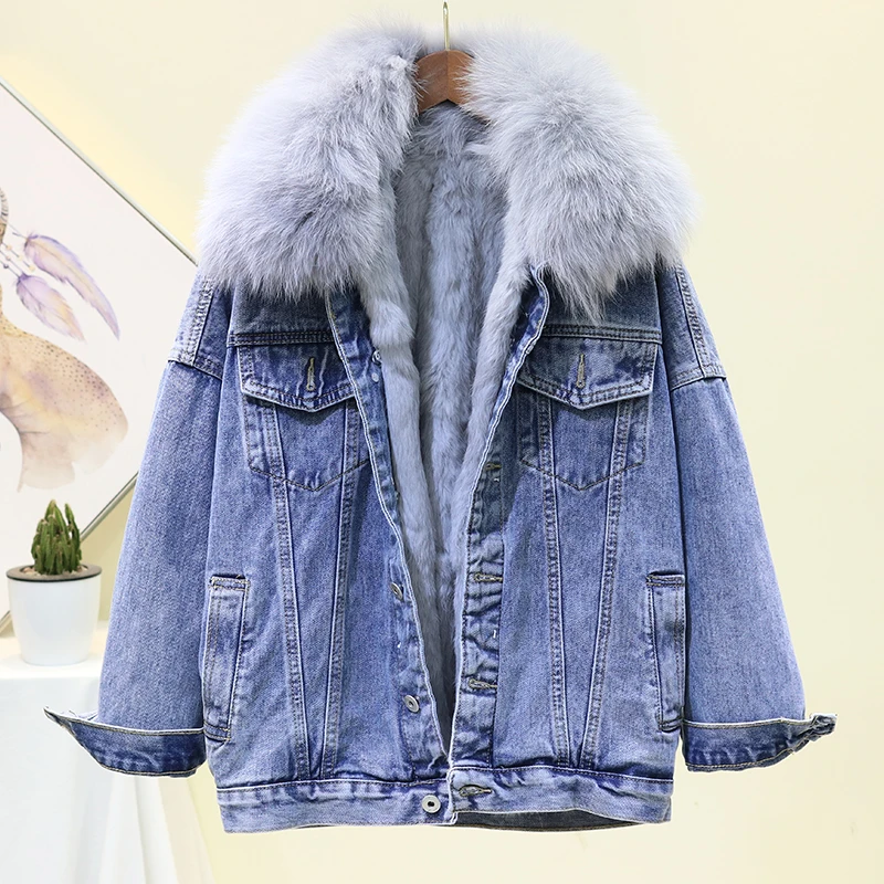 2019 Зимняя Толстая теплая джинсовая куртка женская из натурального меха лисы +
