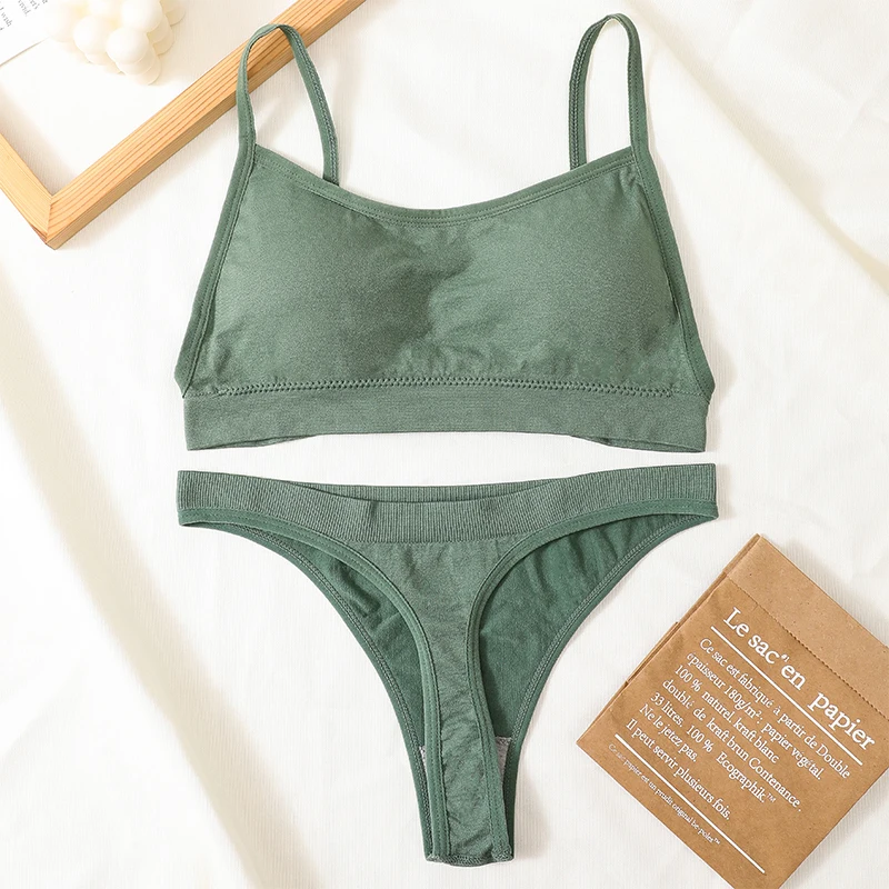 

Seamless Bra Set Women Sexy Thongs Low Waist Panties Wire Free Bra Backless Brassiere Ribbed Underwear Female Lingerie Set