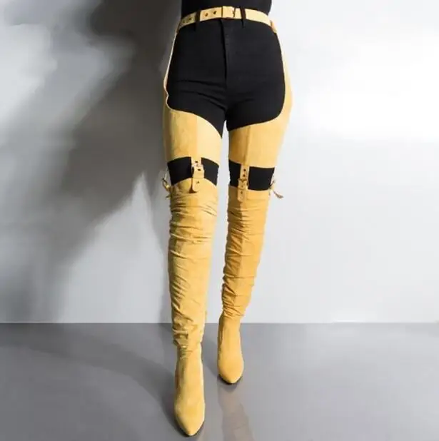 Red Yellow Black Suede Woman Pointed Toe Over The Knee Buckles Sexy Pants Belts Boots High Heel Square Toe Long Boots Lady