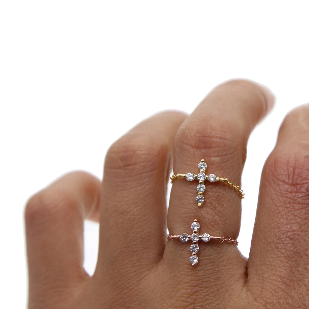 drop shipping 925 stering silver 3color cross CZ adjust delicate chain women girl dainty minimal cz simple cute ring | Украшения и