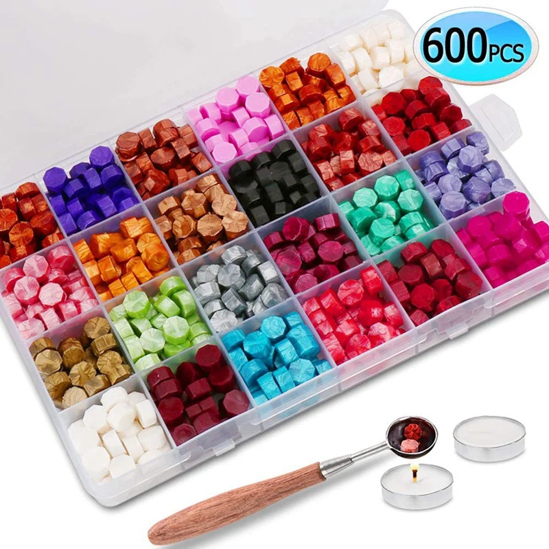 

PPYY-600Pcs (24 Colors)Sealing Wax Beads with Tea Candles and Spoon & 1 set Wax Seal Warmer with Melting Spoon Kit