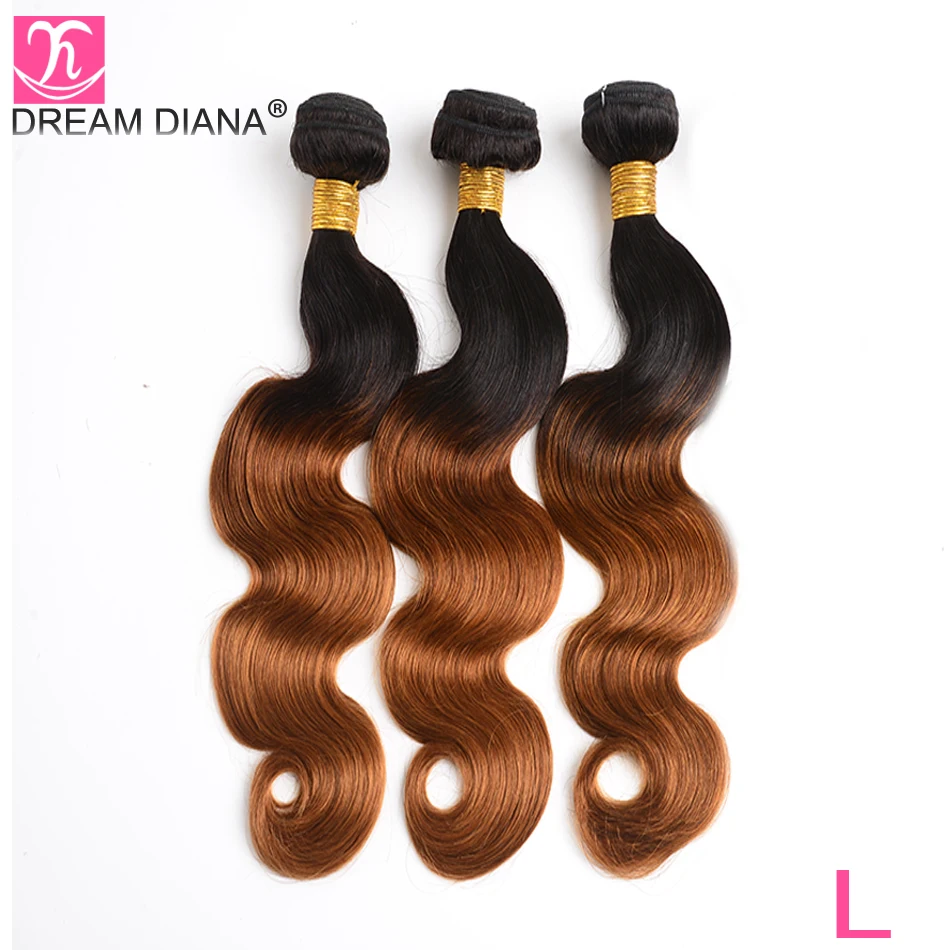DreamDiana Ombre Малазийская волна тела с закрытием двух тонов 1B 30 1"-26" L Омбре пучки волос Remy с закрытием человеческих волос