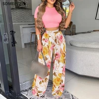 summer women two piece sets elegant print office lady outfits elegant o neck short sleeve shirt pullover wide leg pants suits