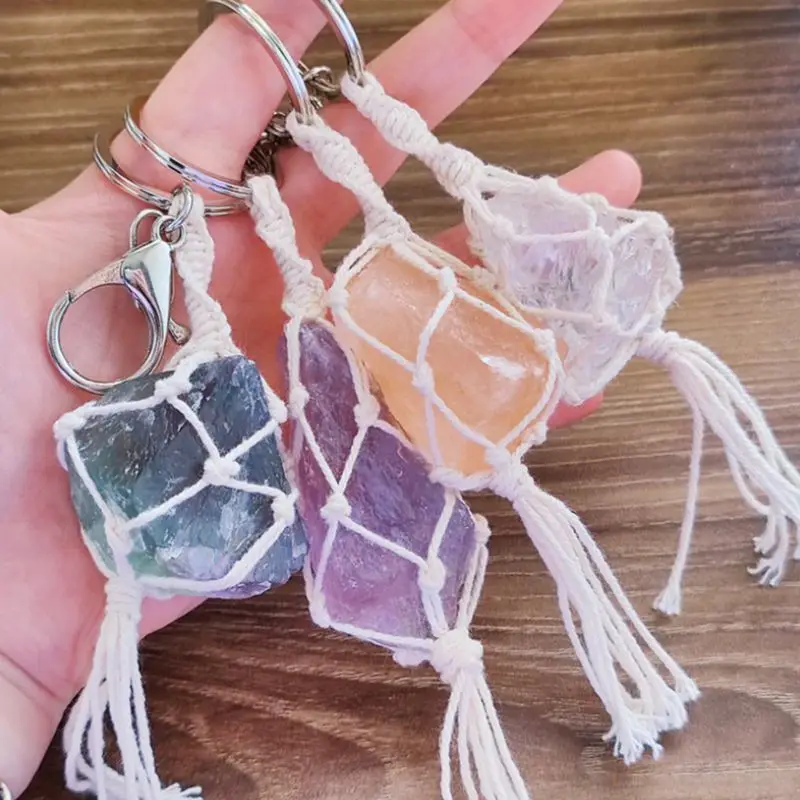 

New Natural Purple Transparency Big Stone Keychains Handbag Purse Holder Raw Real Quartz Dangle Car Clasps Chains Key Rings