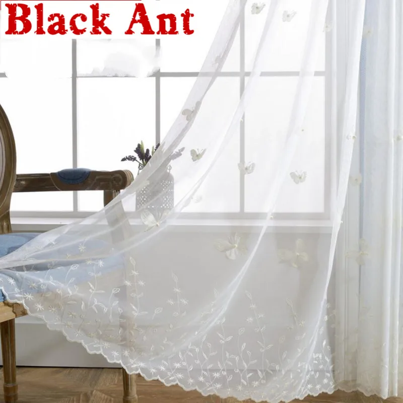 Белые занавески с бабочкой и жемчугом вышивкой на окна современные сетчатые для