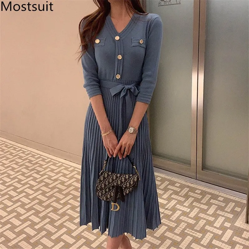 

Женское трикотажное платье с поясом, Элегантное Длинное винтажное платье с V-образным вырезом и рукавом 3/4 в Корейском стиле, 2021