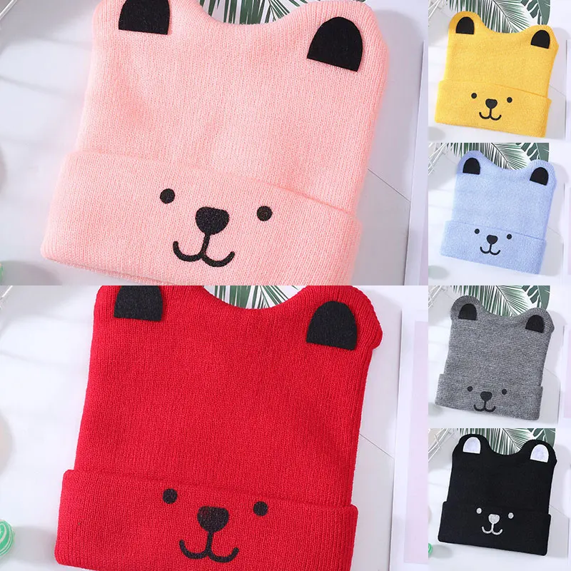Зимняя детская вязаная шерстяная шапка с милым медведем для детей девочек и