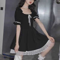 kawaii mini dress women summer 2021 black short sleeve japanese sweet cute casual dress college style bow lace goth lolita dress