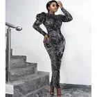 Весна 2020, сексуальные Клубные роскошные серые вечерние женские длинные платья-карандаш, туника с высокой талией, женское блестящее Вечернее Платье макси с блестками