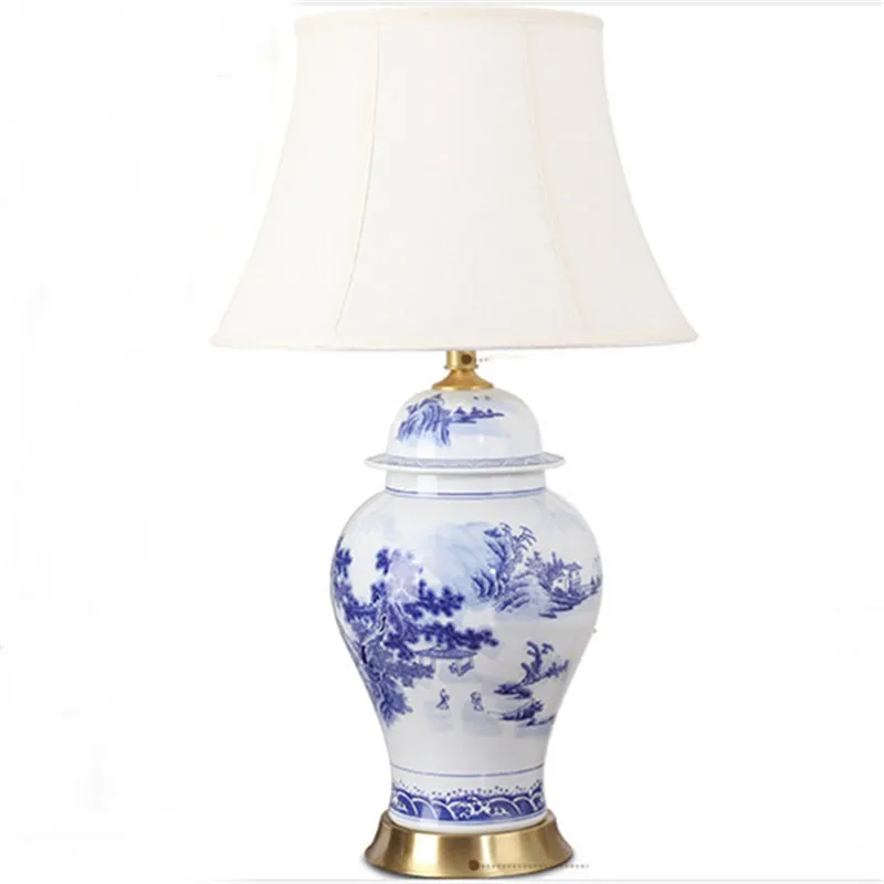 Китайская синяя белая фарфоровая Керамическая Настольная лампа для спальни