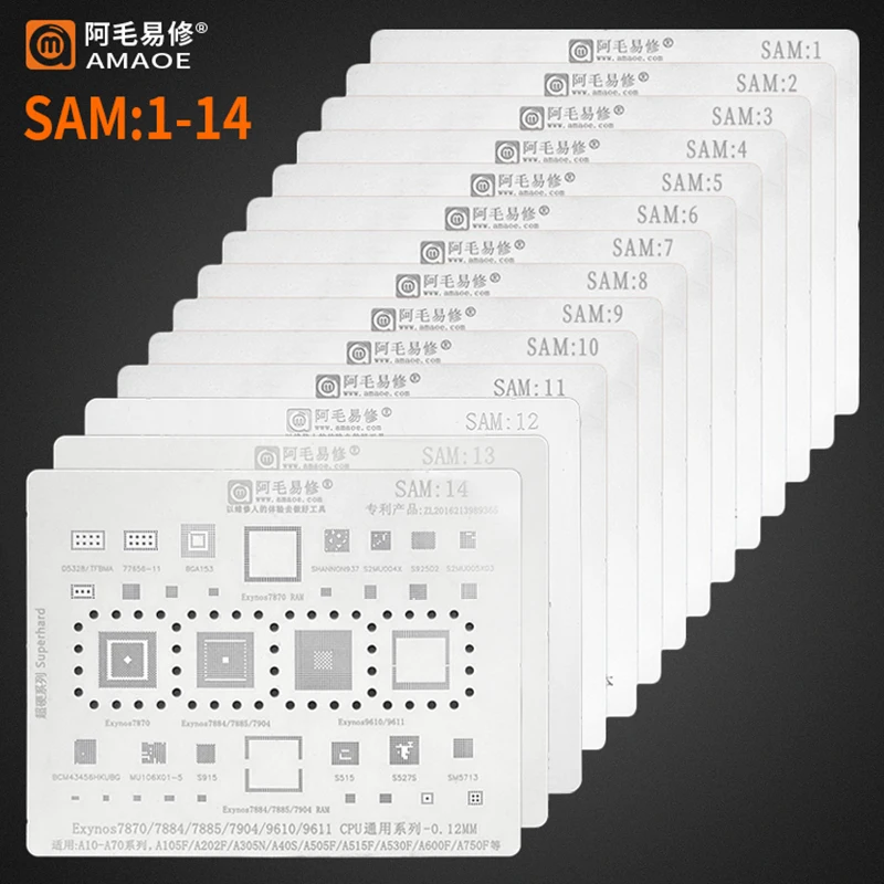 

Amaoe Sam1-15 BGA Reballing Stencil for Samsung S21 U A60-A90/A10S/A920F/A10-70 S6/S7/S8 S9 S10 S20 A520 A9 C710/J610/J4 Tin Net