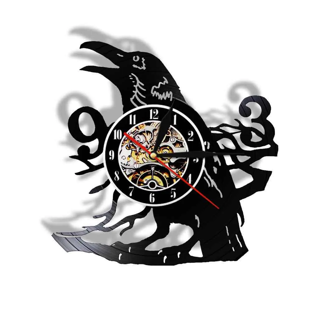 Sooty Raven Wall Clock Howling Art Decorative Modern Design 3D Quartz Watch Vinyl Music Record Timepiece LED Lighting Night Lamp