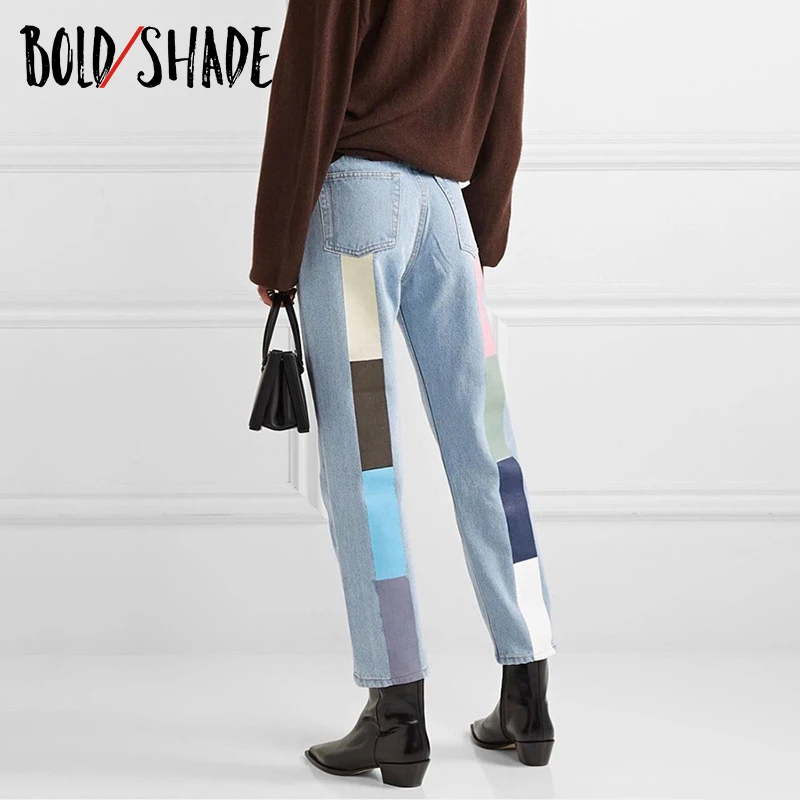 

Bold Shade Grunge Vintage 90s Style Pencil Jeans Patchwork Mid Waist Blue Denim Fashion Jeans for Teen Girls Indie Street Trends