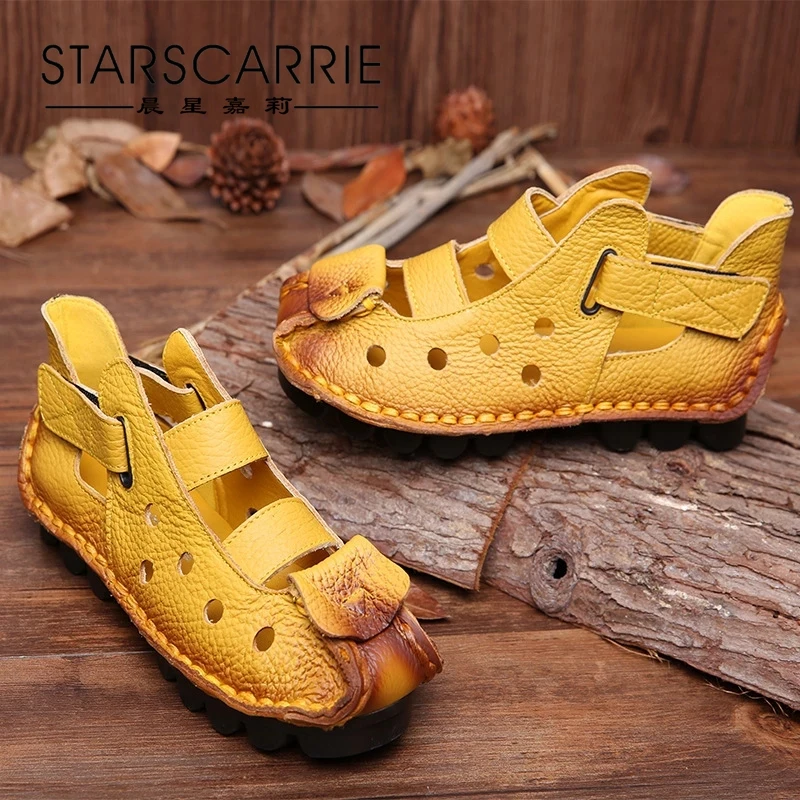 

2021 summer soft bottomed flat bottomed leather women's shoes personalized hole women's sandals retro handmade sandals fashion