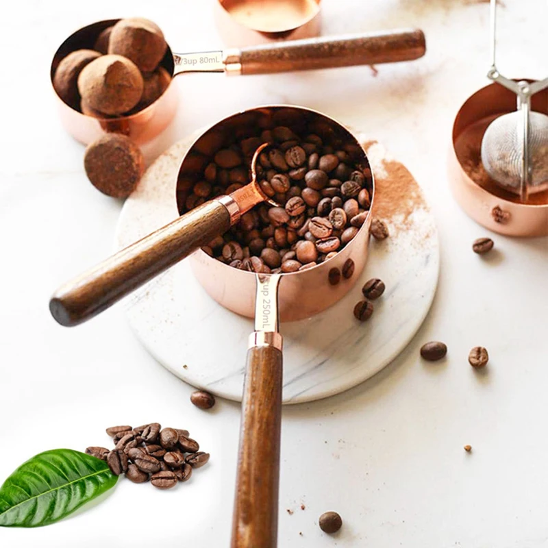 

Household Kitchen Dining Bar Baking Tools Walnut Wooden Handle Copper Plating Measuring Cups Spoon Cake Sugar Tools Set