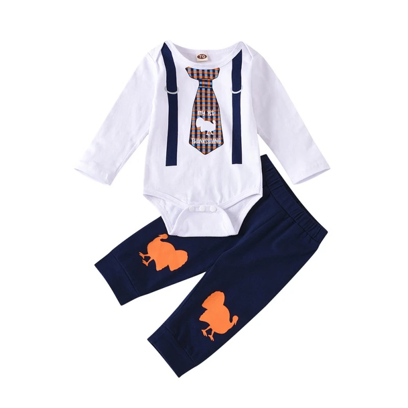 

Fall Baby Boy Thanksgiving Set 2Pcs Autumn Newborn Tie Print Long Sleeve Romper Trousers Outfits