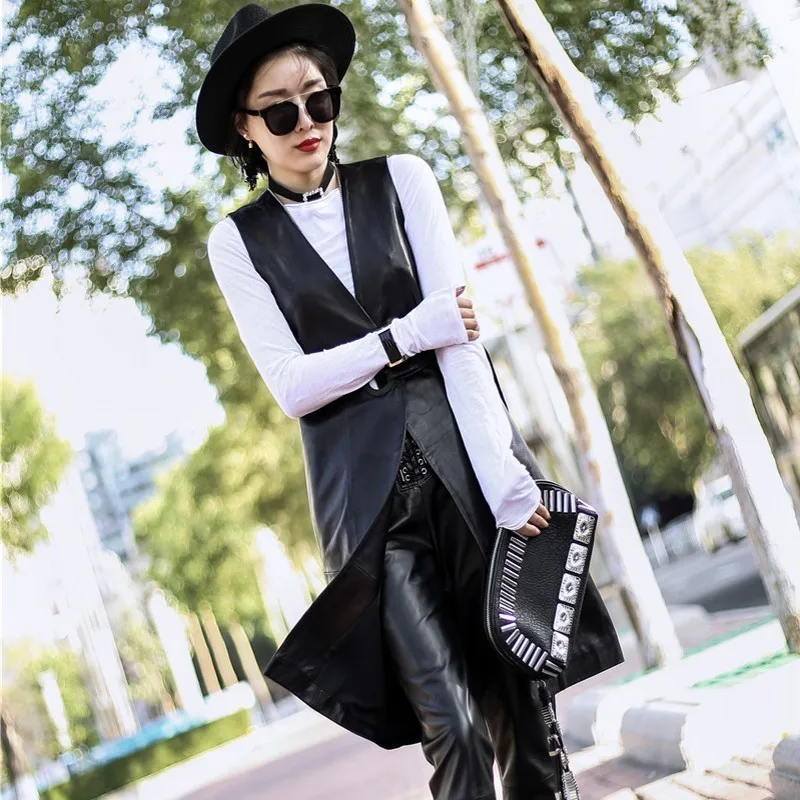 Модная женская повседневная куртка без рукавов из натуральной кожи длинный