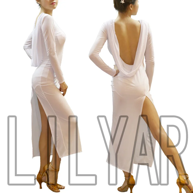 Женское платье для латиноамериканских танцев белое длинное с разрезом и