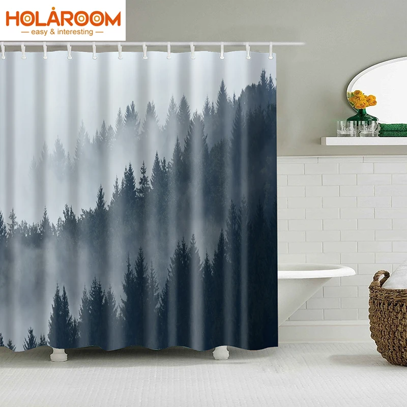 Cortinas de ducha de tela de poliéster con ganchos, cortinas de baño con estampado 3d de paisaje Natural, bosque con niebla pesada