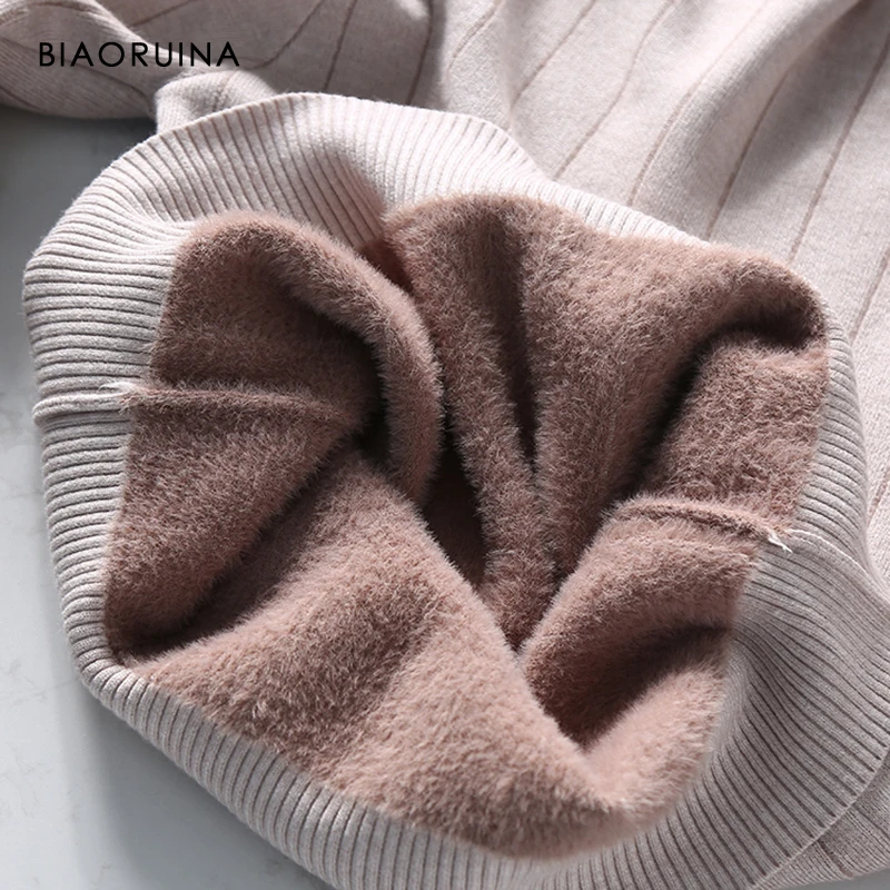 

BIAORUINA Women's Solid Color Elegant Simple Vertical Stripe Vintage Base Turtleneck Knit Pullover Velvet Thick Warm Sweater