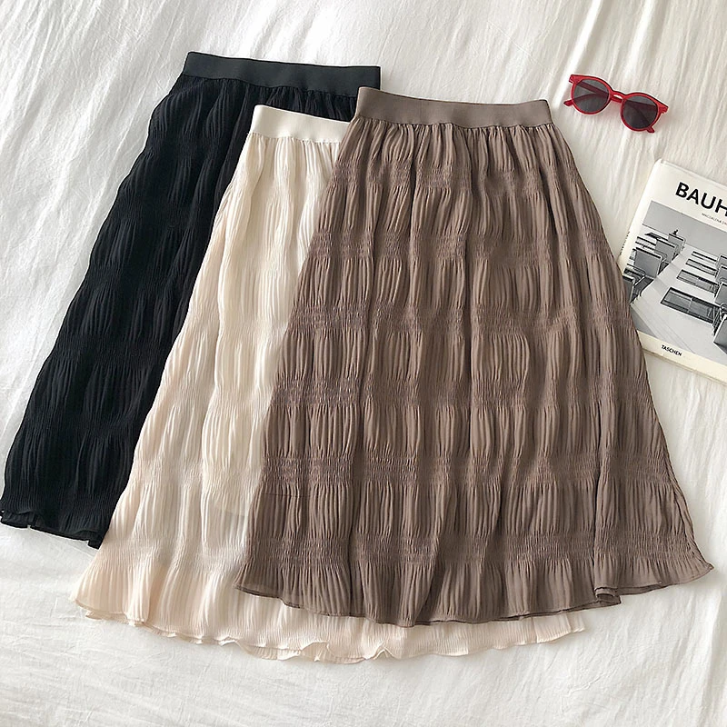 

Юбка женская трапециевидная в полоску, повседневная однотонная в Корейском стиле, до середины икры, с эластичным поясом, с завышенной талие...