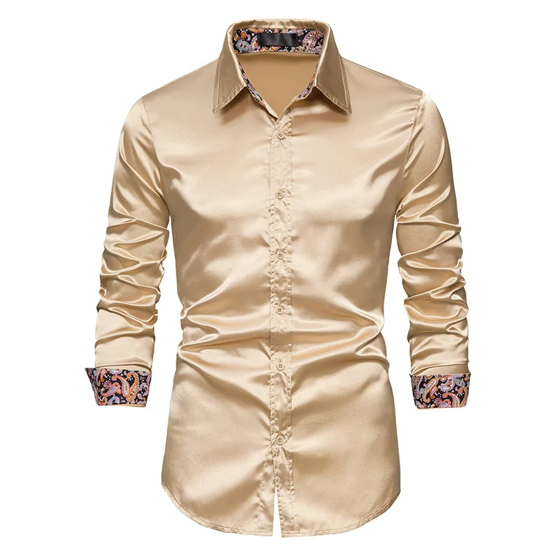 

PARKLEES 2021 Paisley Patchwork Satin Dress Shirt Men Plus Size Shinny Slim Long Sleeve Camisas Wedding Bridegroom Chemise Homme