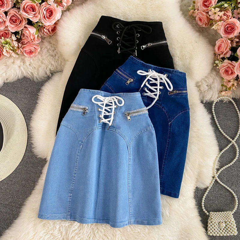 

Женская джинсовая юбка с высокой талией, облегающая короткая юбка трапециевидного силуэта с высокой талией, дизайнерская сумочка на бретельках, лето 2021