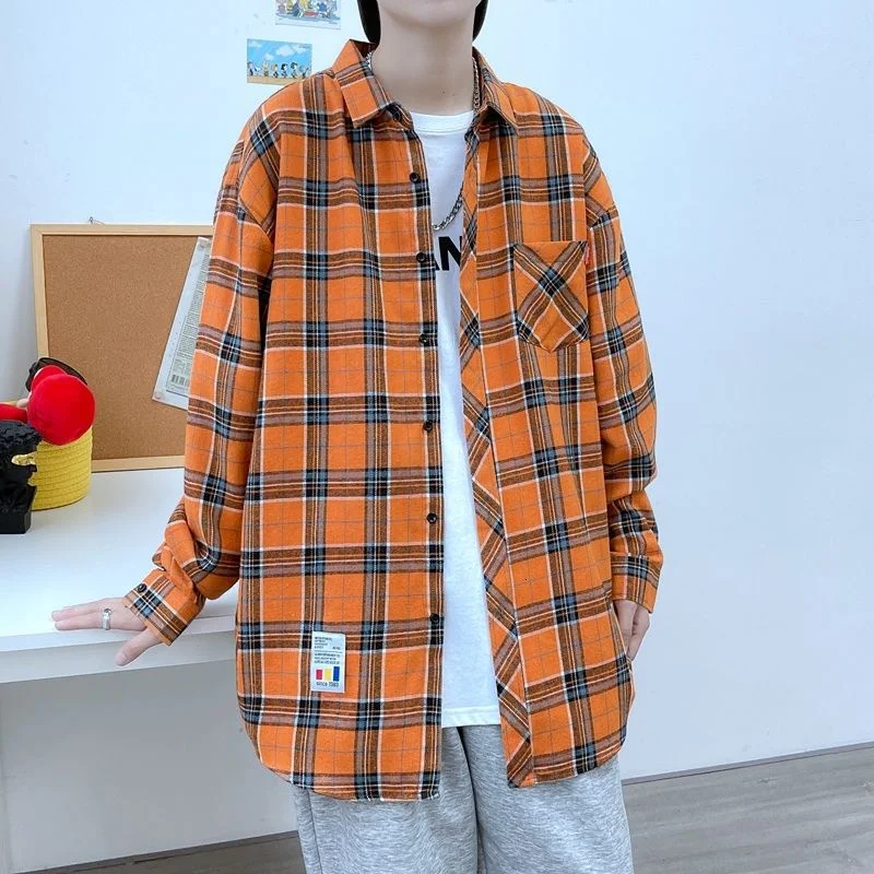 

2021 autumn New Arrivals Plaid shirt men's long-sleeved trend Korean style casual loose handsome gray streetwear Recommend