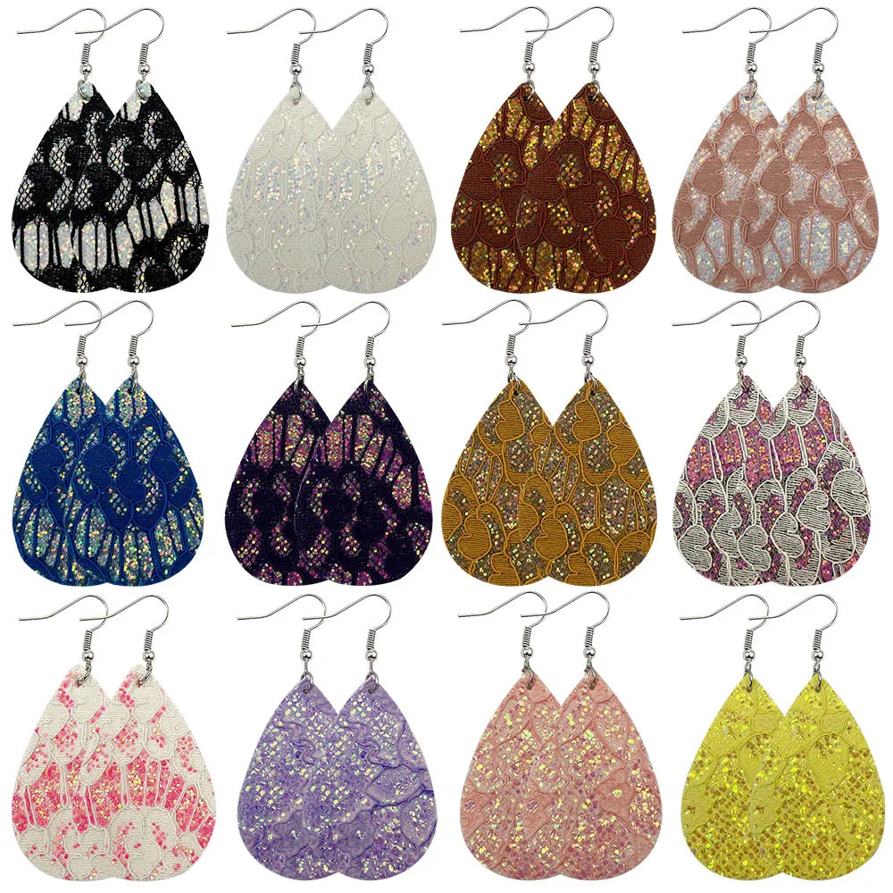 

1Pair Dangle Earrings for Women Trendy Long PU Leather Glitter Sparkly Lace Shape Drop Earrings Fashion Jewelry