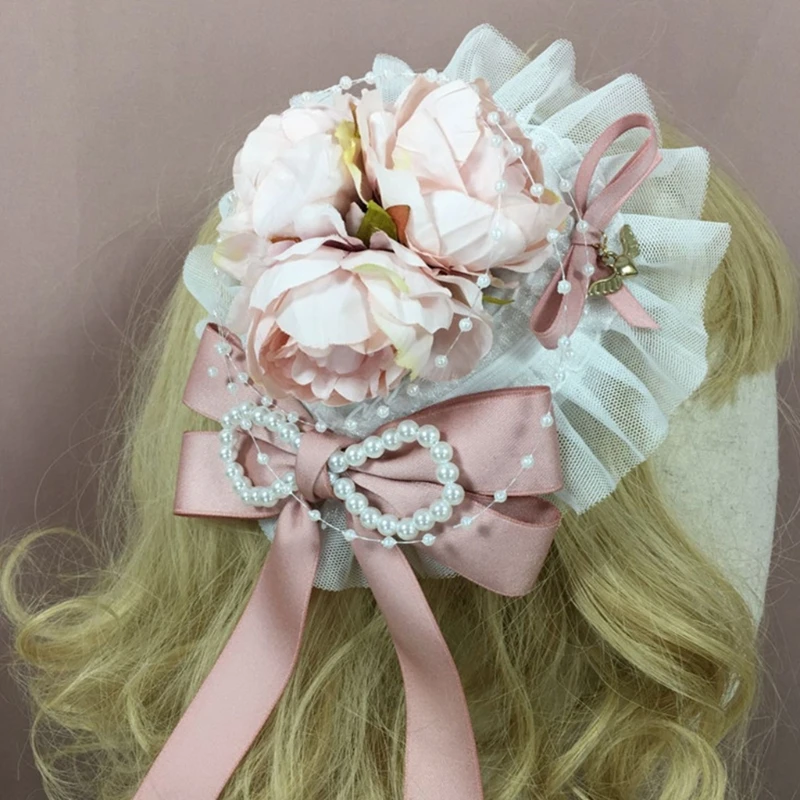

Lolita Ruffled Lace Flower Top Hat Pearl Ribbon Bow Fascinators Cap Headdress