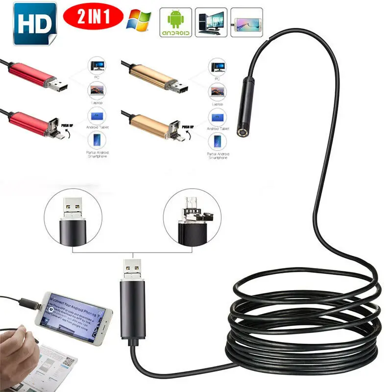 

USB эндоскоп 2 в 1, 5,5 мм, Бороскоп, змея, Инспекционная камера, Android мобильный телефон 5 м, для строительной площадки, мастерских, лабораторий
