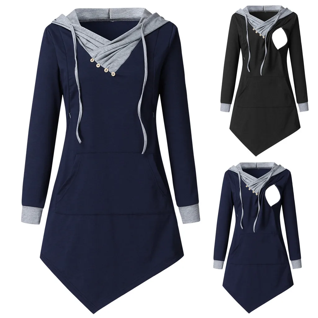 Свитер для беременных женщин однотонный пуловер с капюшоном и длинными рукавами