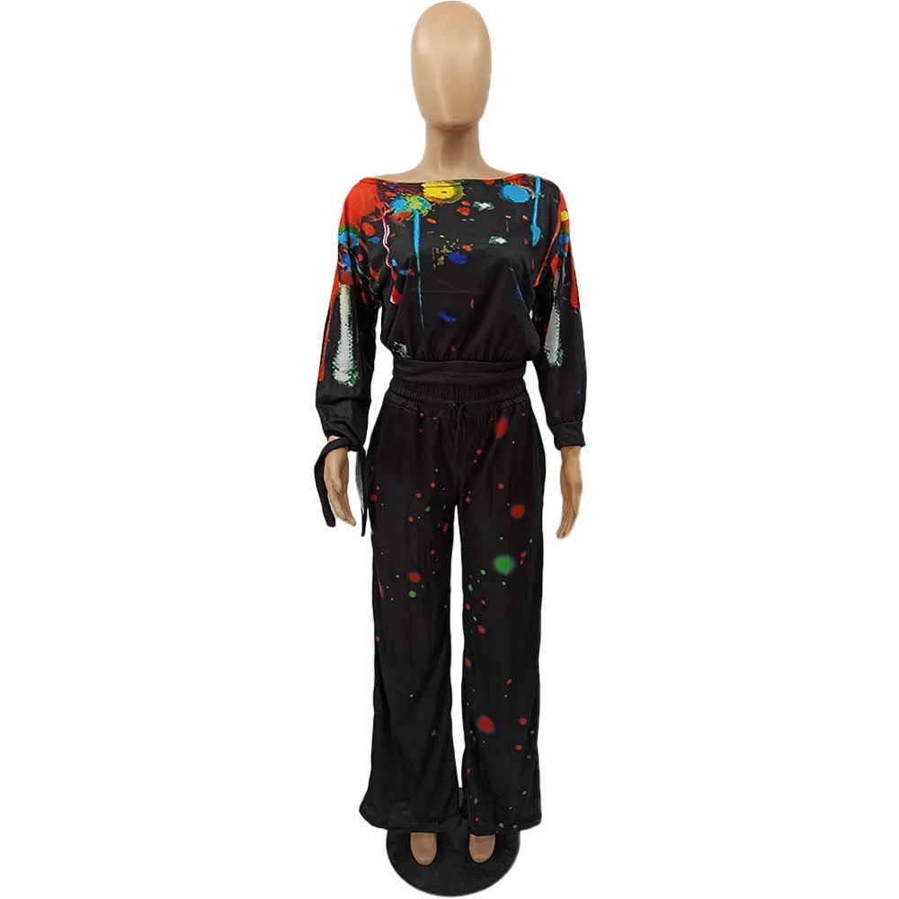 

Graffiti Print Solid Workout 2 Piece Sweatsuit Women One Shoulder Full Sleeve Loose Top Straight Trouser Autumn Casual Sportwear