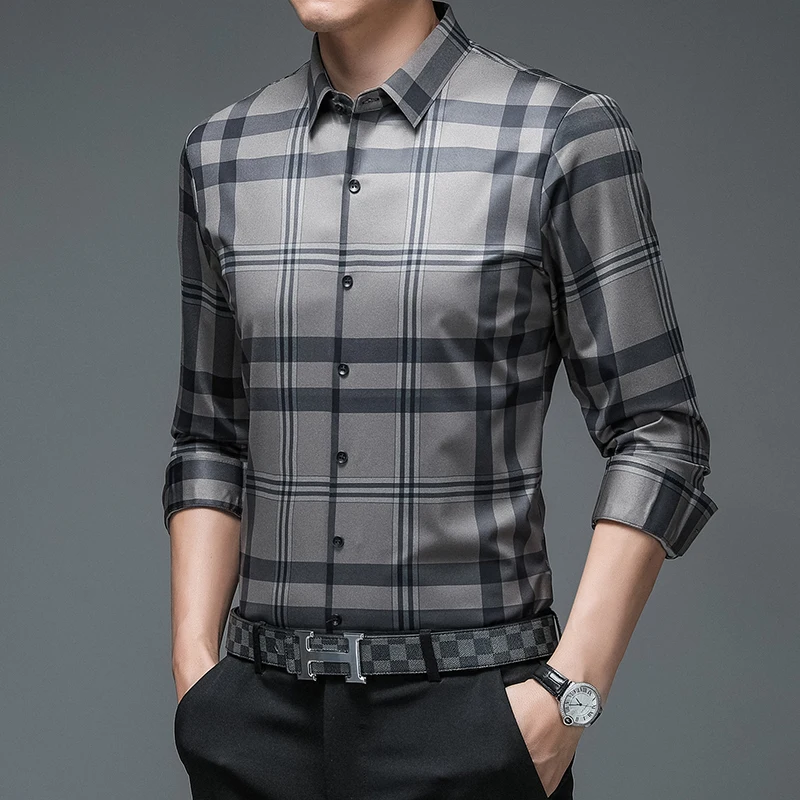 

Plaid Shirts for Men 2021 Autumn Casual Business Dress Shirts Long Sleeve Slim Fit Wedding Clothes Tops Streetwear Chemise Homme