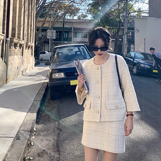 Осенне зимний твидовый Женский комплект 2 шт. твидовая короткая куртка шерстяное