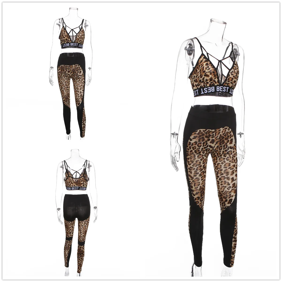 Сексуальный леопардовый принт пэтчворк фитнес-набор тканая сетка открытая