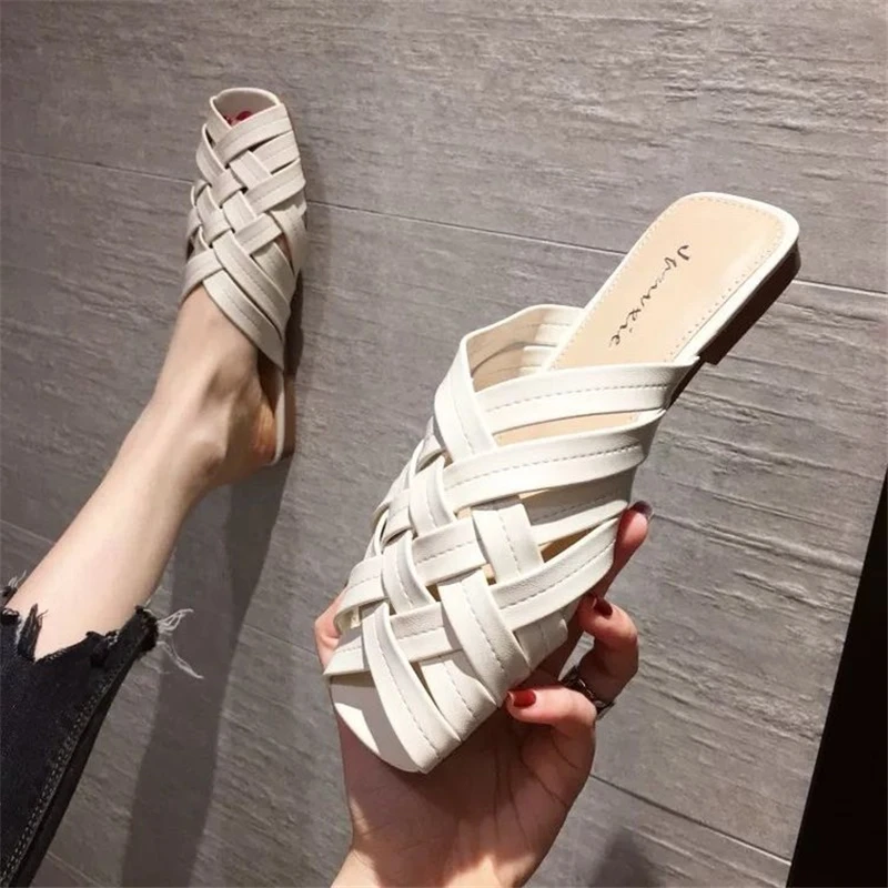 

Женские туфли 2021, Сказочная женская обувь, летние сетчатые плетеные плоские пляжные полутапочки с открытым носком