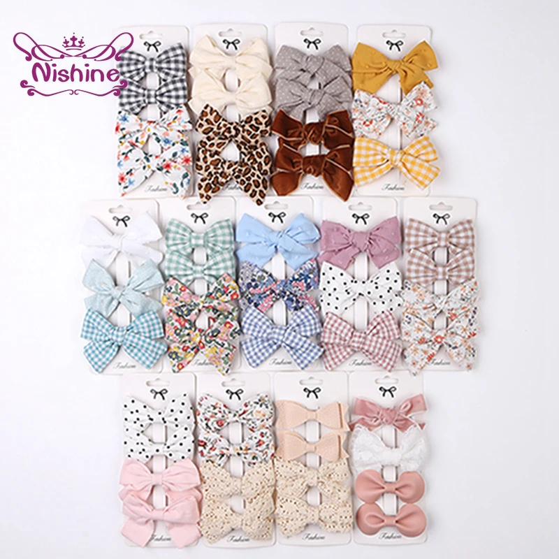 

3/4 Pcs/Lot Vintage Handmade Bowknot Baby Girls Hair Clips Fashion Plaids Bows Infant Bangs Hairpin Cute Print Children Headwear