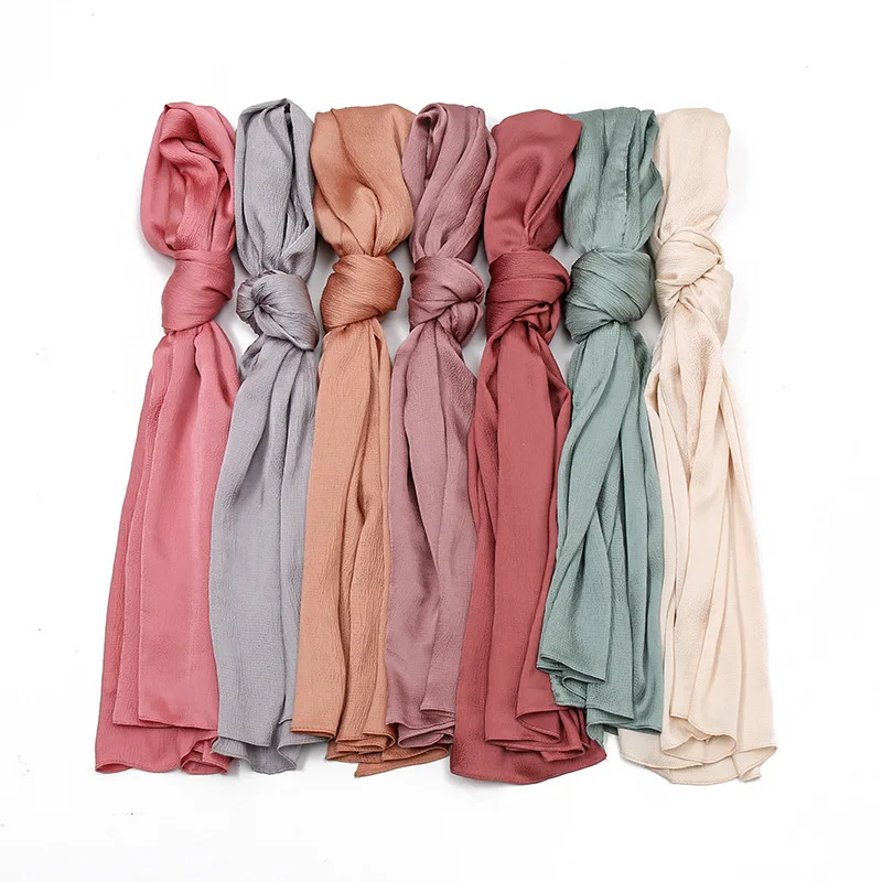 

Malay Indonesia Silk Hijab Natural Wrinkled Monochrome Scarf Shawl Pure Color Fold Breathable Women's Headscarf