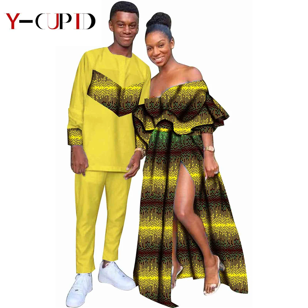 African Clothes for Couples Bazin Riche Sexy Women Vestidos Ankara Print Ruffle Dresses Men Patchwork Tee and Pants Sets S20C004