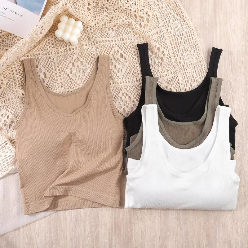 

One-Piece Sports Camisole for Women Padded Wireless Tanks Underwear V-Neck Seamless Solid Color Tube Top Lingerie New