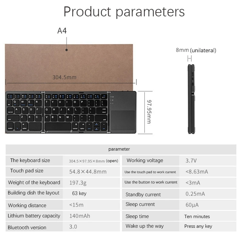 

B033 Wireless Keyboard, Lightweight and Portable Three-Fold Bluetooth Wireless Keyboard for iPad, iPhone